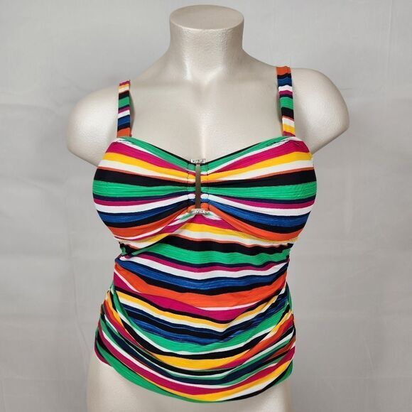 Chaps Striped Ruched Tank Tankini Swimsuit Top Sz 16 - Picture 1 of 10